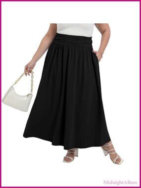 Plus Size Maxi Skirt with Pockets High Waisted A-Line Flowy Long Skirt